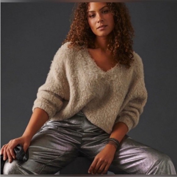 ANTHROPOLOGIE SOFT PULLOVER V-NECK THICK MERINO WOOL SWEATER LARGE NWT - Picture 3 of 15